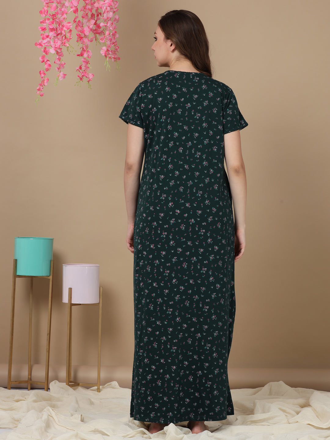 Embroidred Dark Green Front Open Nighty for Women