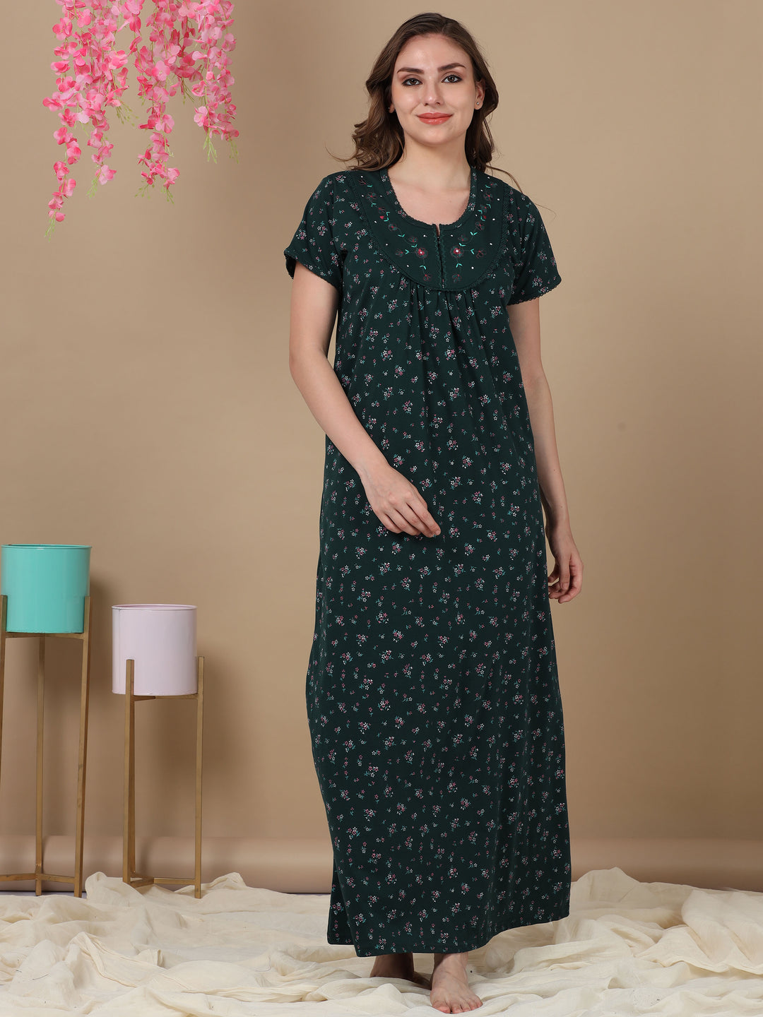 Embroidred Dark Green Front Open Nighty for Women