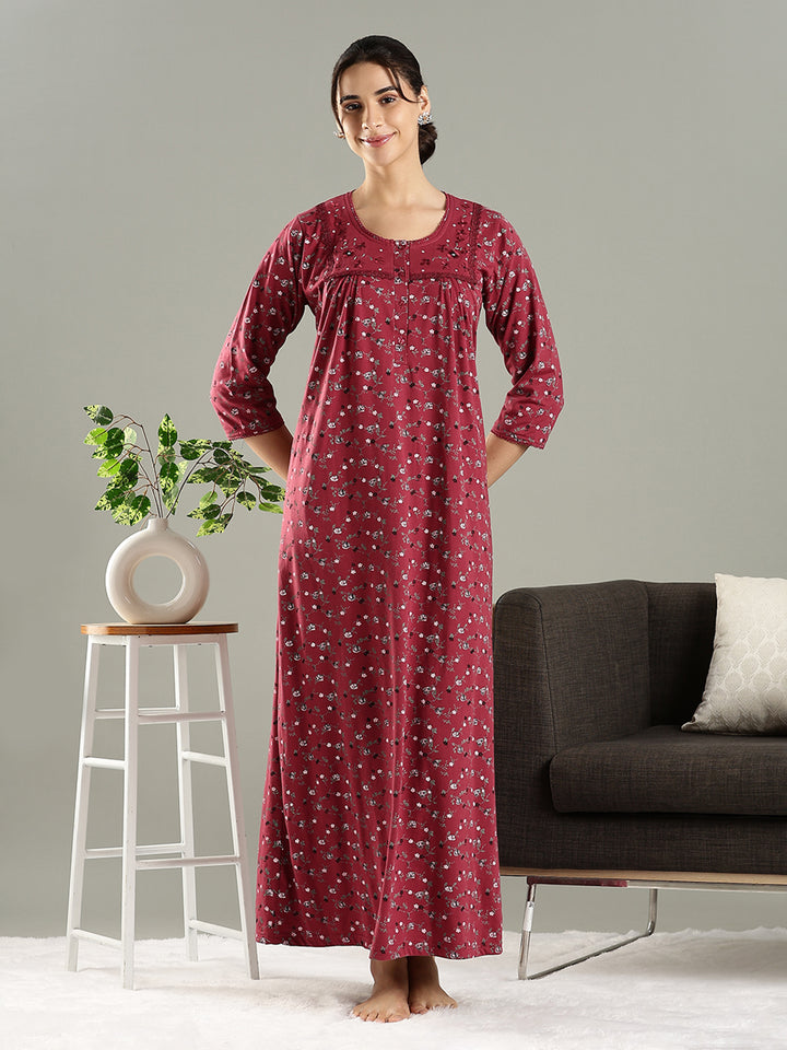 Deep Red Premium Cotton Blend Designer Nighty for Women