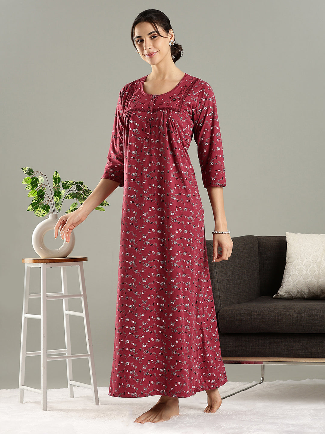 Deep Red Premium Cotton Blend Designer Nighty for Women