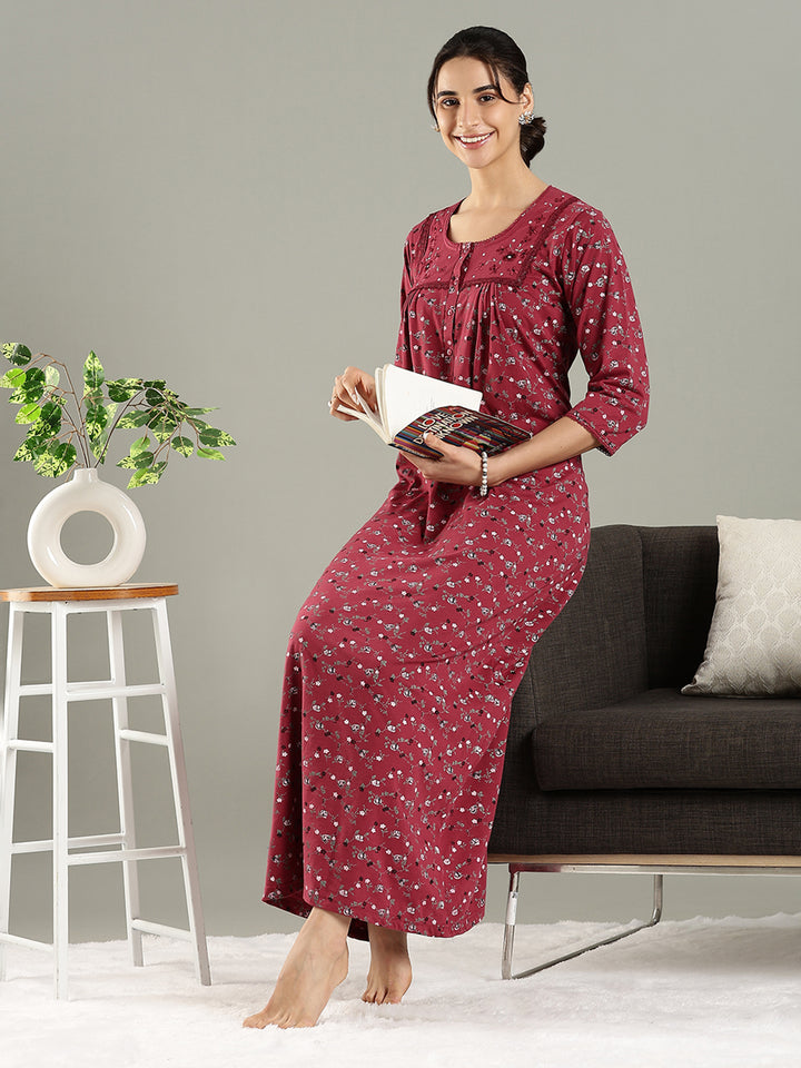Deep Red Premium Cotton Blend Designer Nighty for Women