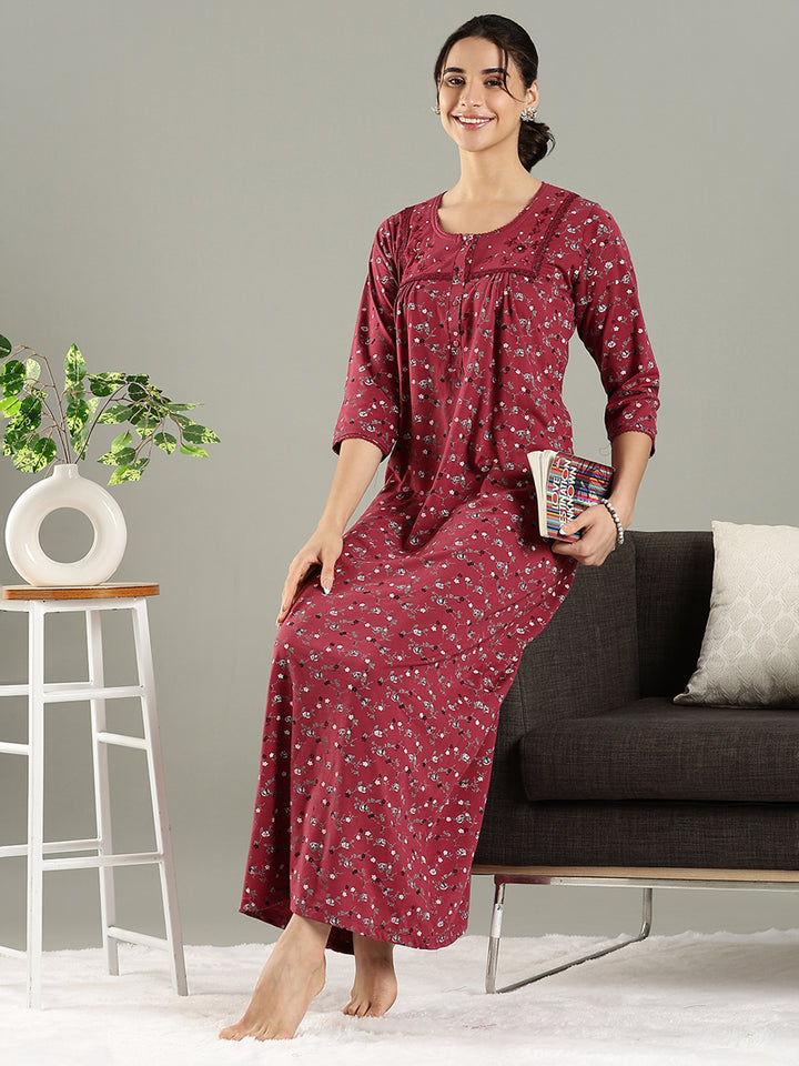 Deep Red Premium Cotton Blend Designer Nighty for Women