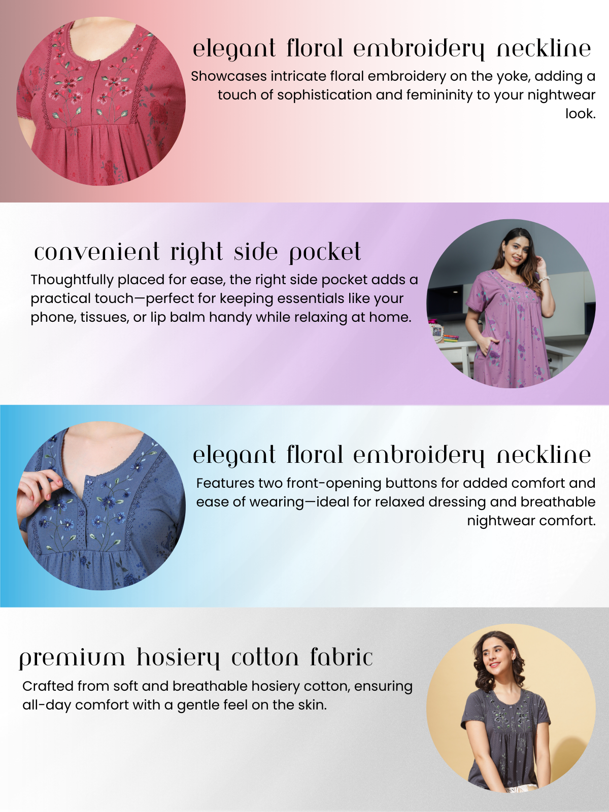 Highlight of elegant floral embroidery, convenient pockets, soft hosiery cotton, and easy-wear buttons in 9shines Label cotton nightdress collection