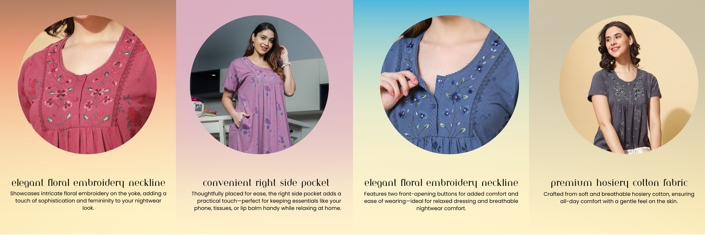 Close-up of cotton blend nightdress showing floral embroidery neckline, right-side pocket, and breathable hosiery fabric perfect for home wear