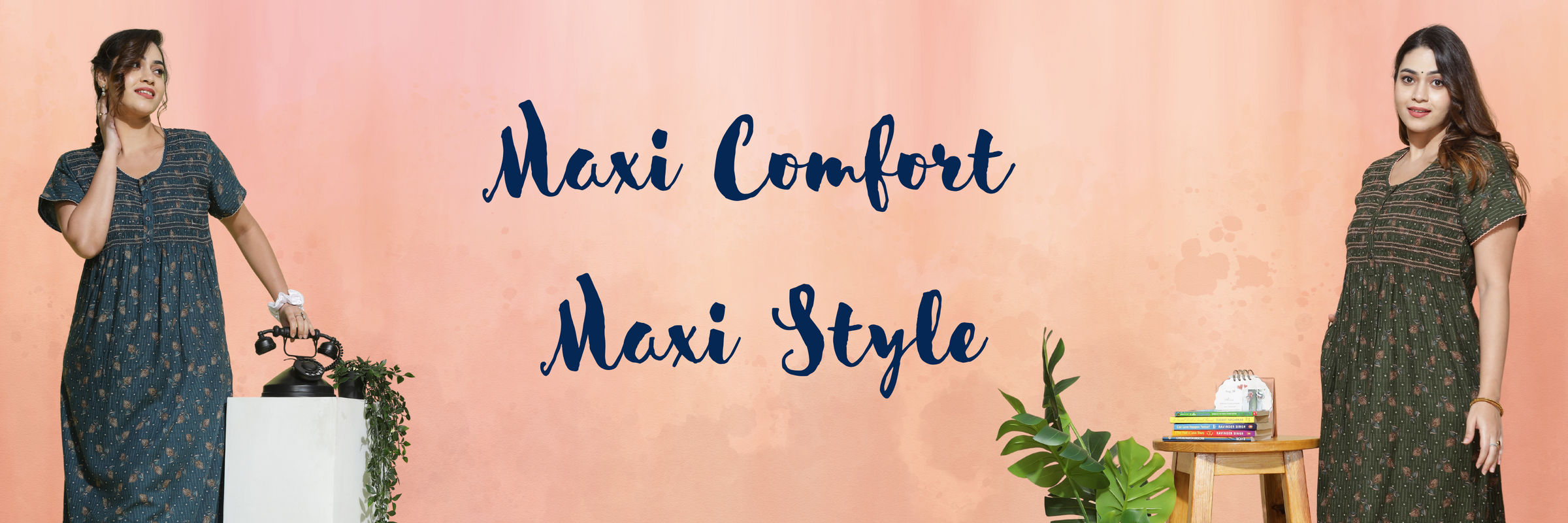 Two models in green floral pleated nighties highlighting maxi comfort and flowy nightwear for women