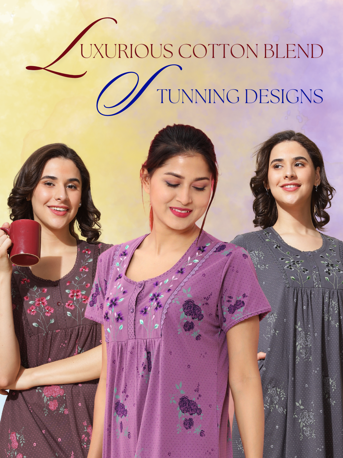 Designer cotton nighty with luxurious blend, perfect for women seeking stylish yet breathable sleepwear for everyday comfort