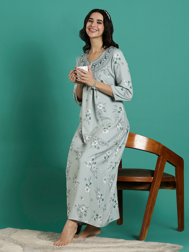 Fresh Grass Green Embroidered Alpine Nighty for Women