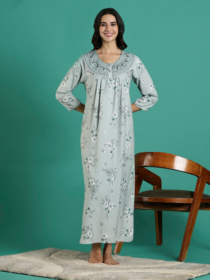 Fresh Grass Green Embroidered Alpine Nighty for Women