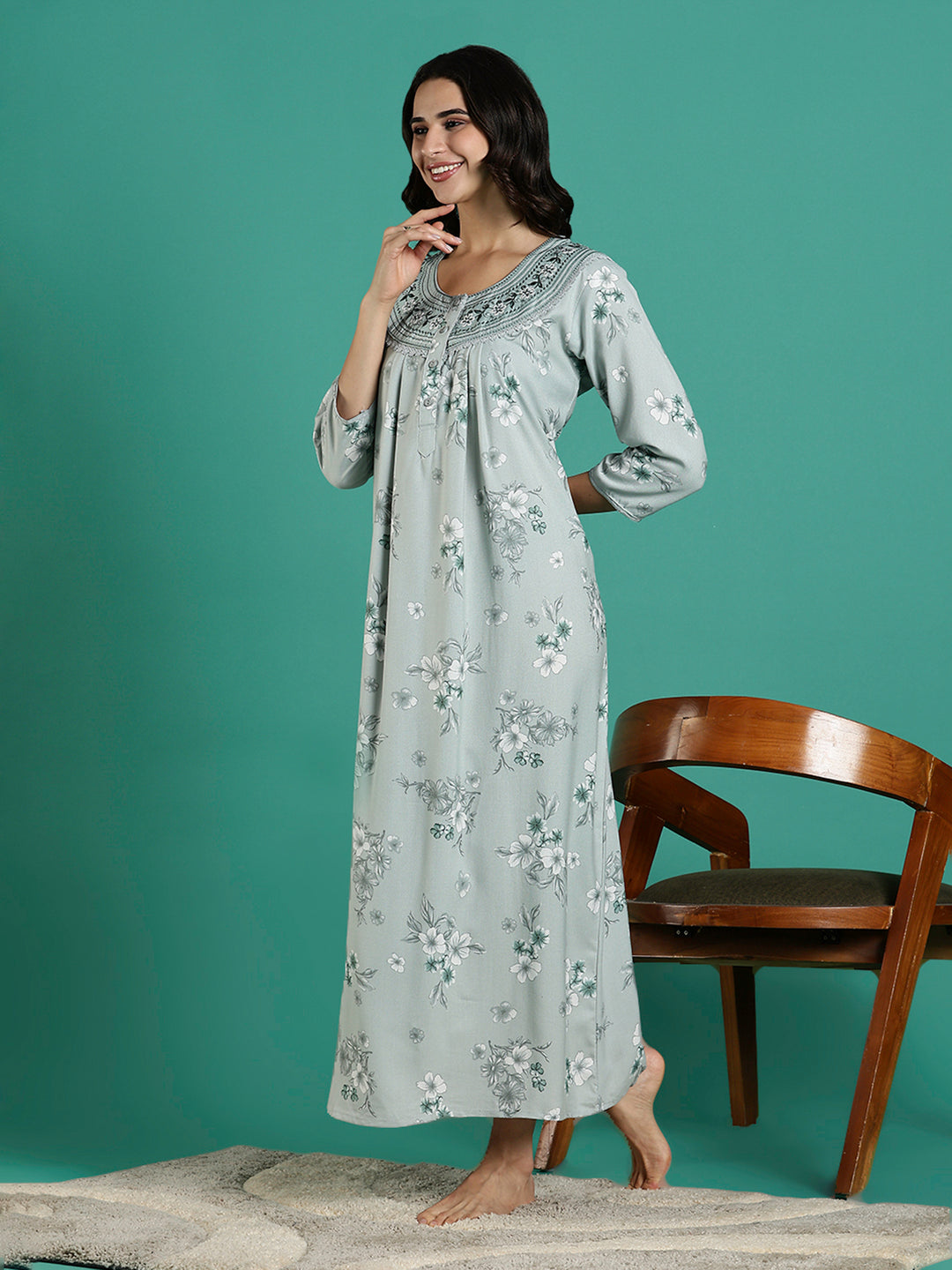 Fresh Grass Green Embroidered Alpine Nighty for Women