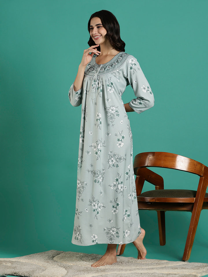 Fresh Grass Green Embroidered Alpine Nighty for Women