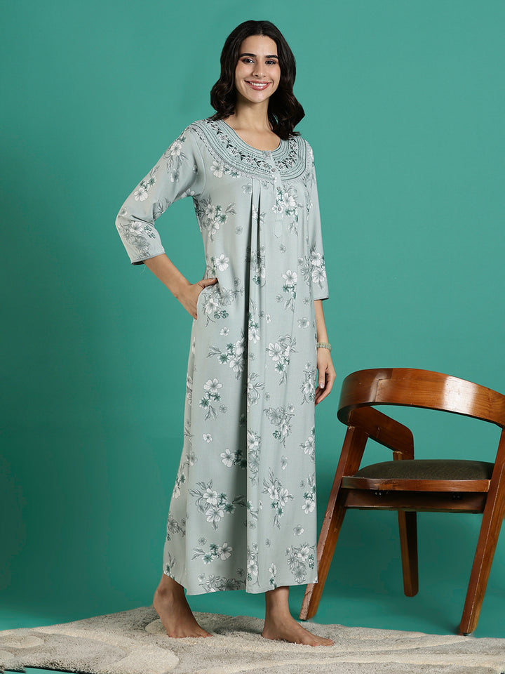 Fresh Grass Green Embroidered Alpine Nighty for Women