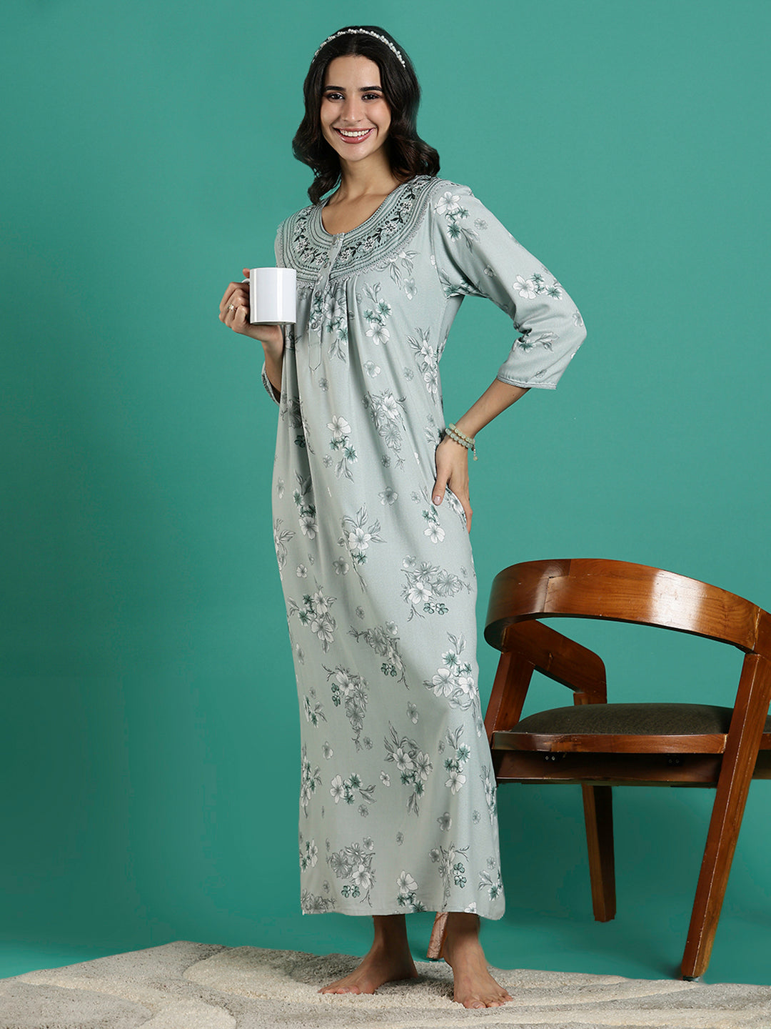 Fresh Grass Green Embroidered Alpine Nighty for Women