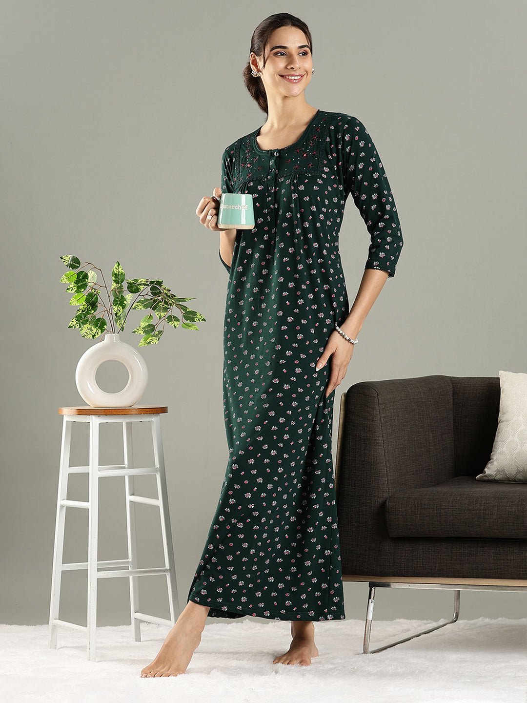 Branded Green Embroidered Cotton Blend Women's Nighty