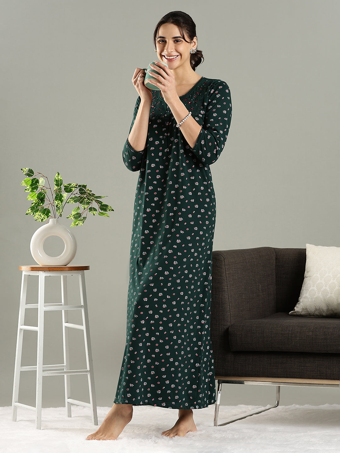 Branded Green Embroidered Cotton Blend Women's Nighty