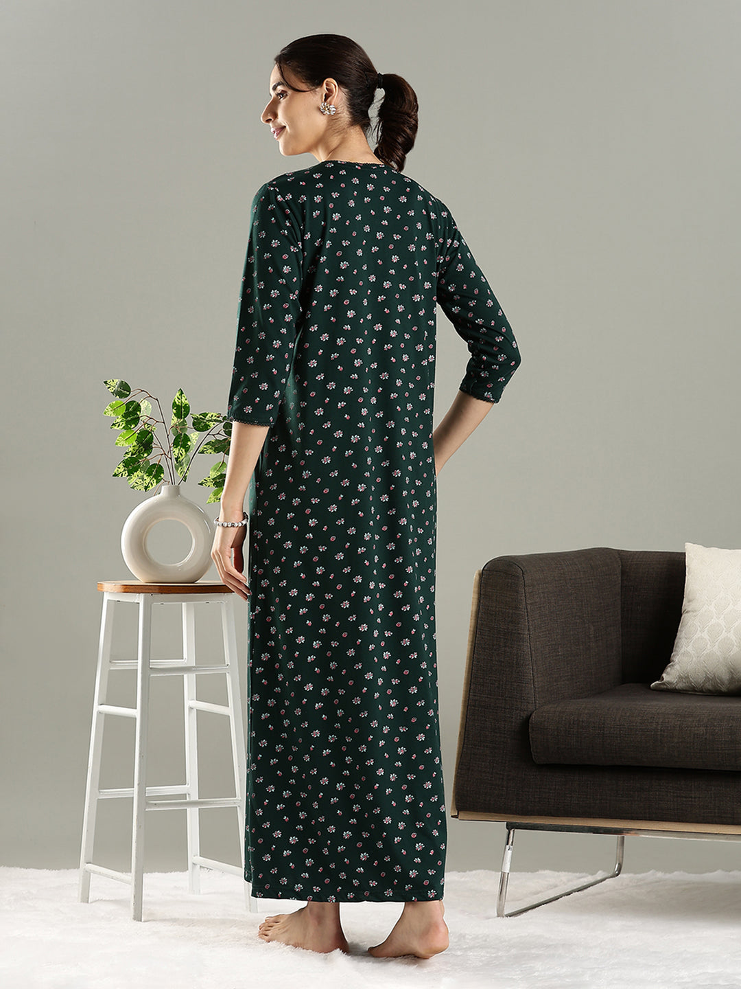 Branded Green Embroidered Cotton Blend Women's Nighty