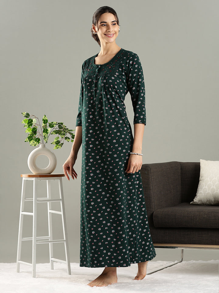Branded Green Embroidered Cotton Blend Women's Nighty