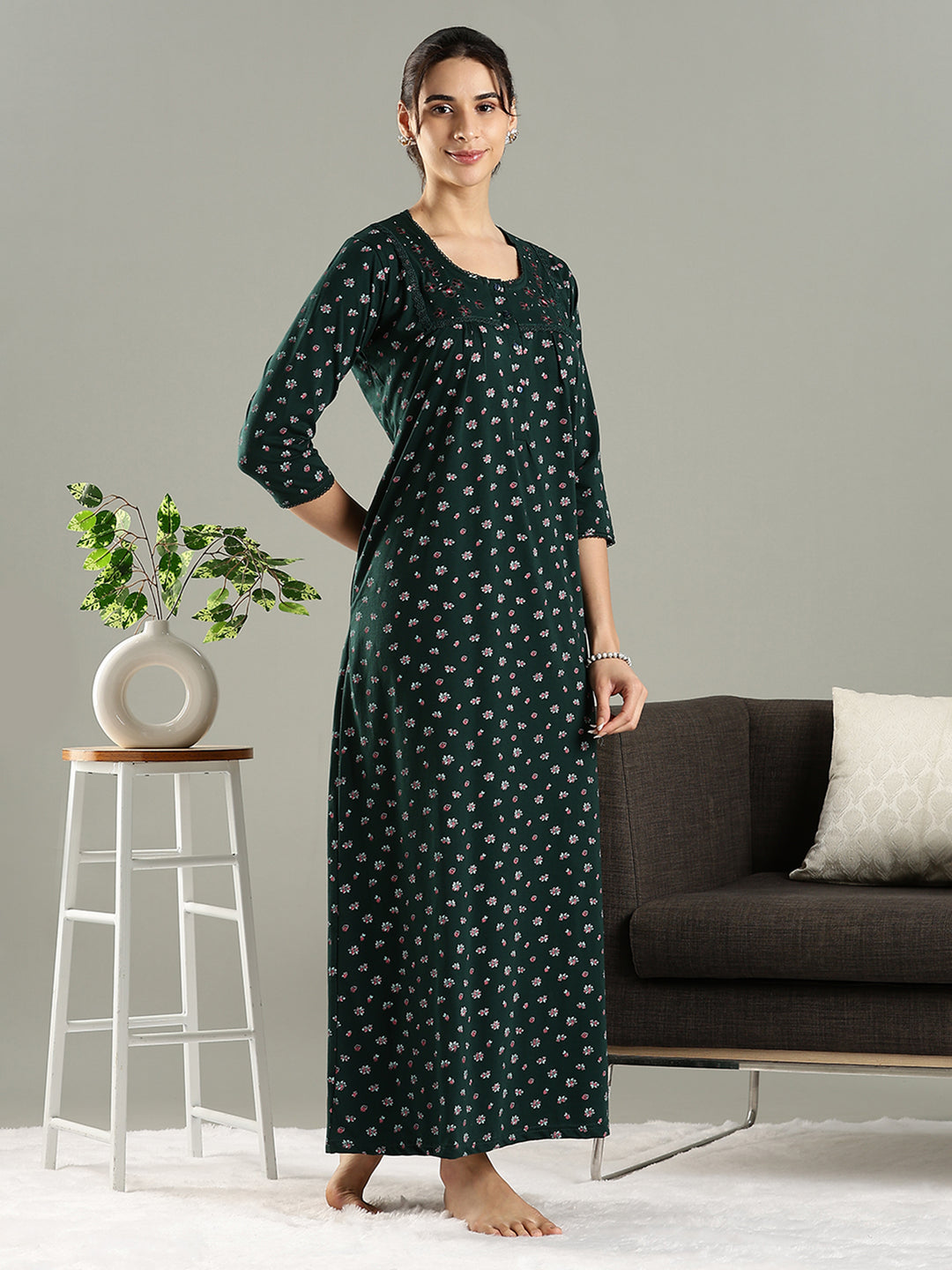 Branded Green Embroidered Cotton Blend Women's Nighty