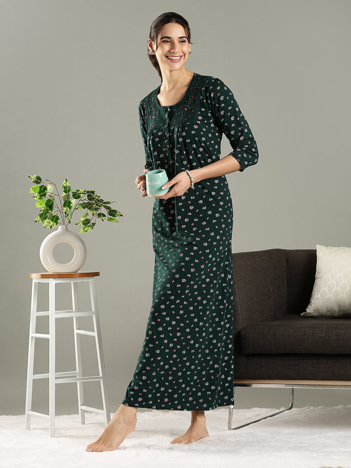 Branded Green Embroidered Cotton Blend Women's Nighty