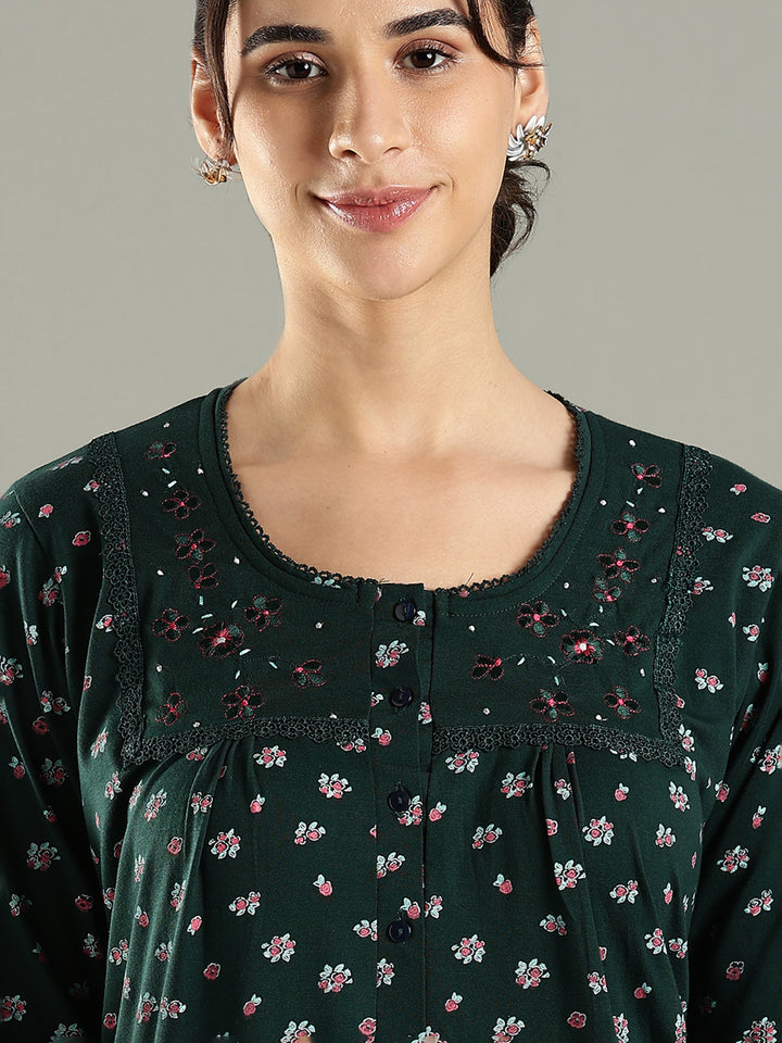 Branded Green Embroidered Cotton Blend Women's Nighty