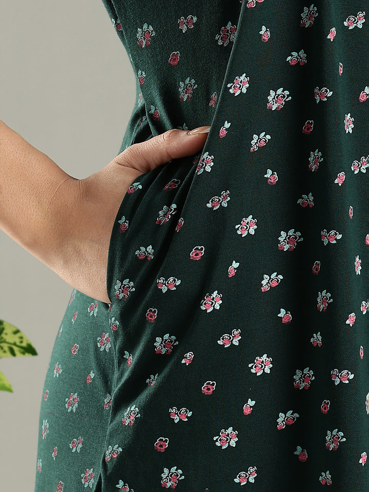 Branded Green Embroidered Cotton Blend Women's Nighty