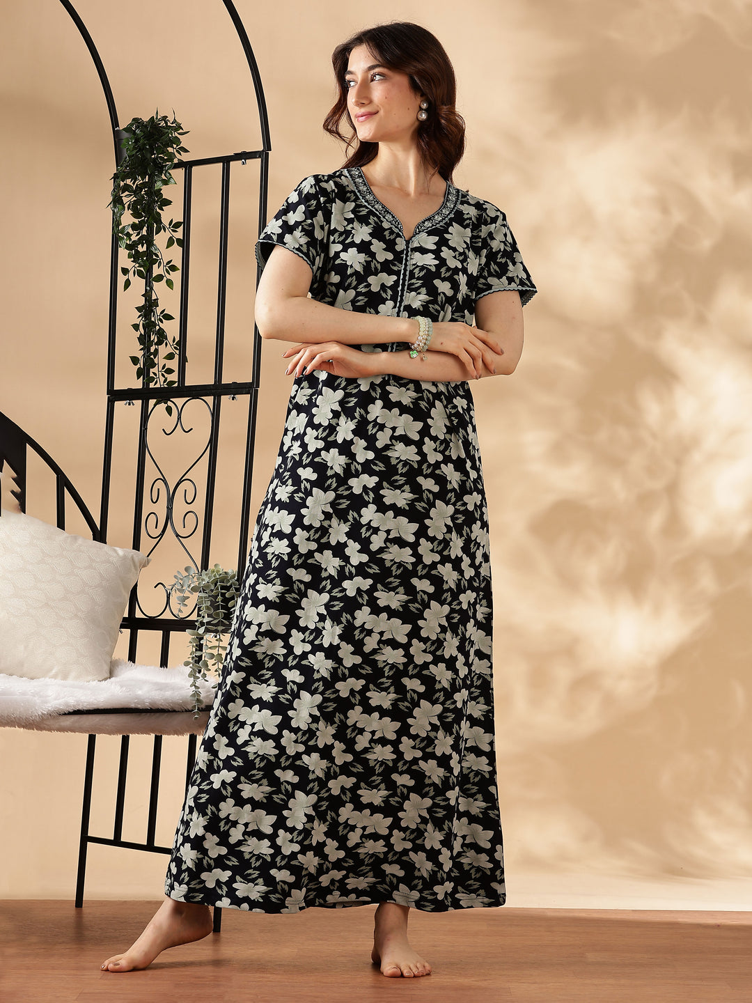 Green Floral Nighty for Women with Zip and Pocket