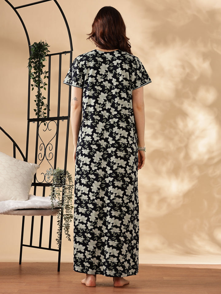 Green Floral Nighty for Women with Zip and Pocket