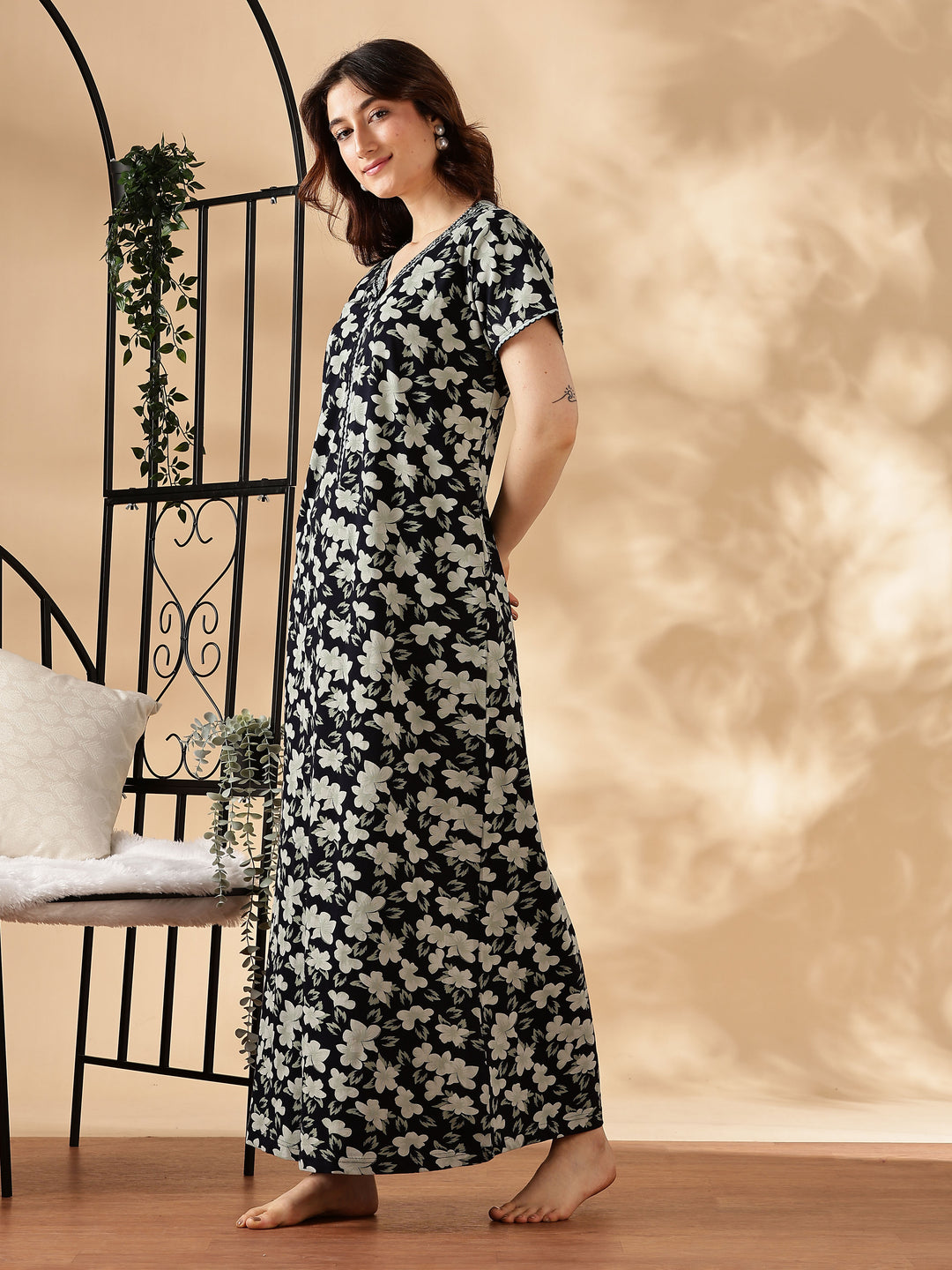 Green Floral Nighty for Women with Zip and Pocket