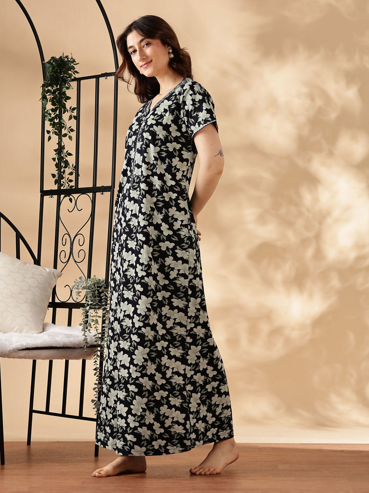 Green Floral Nighty for Women with Zip and Pocket