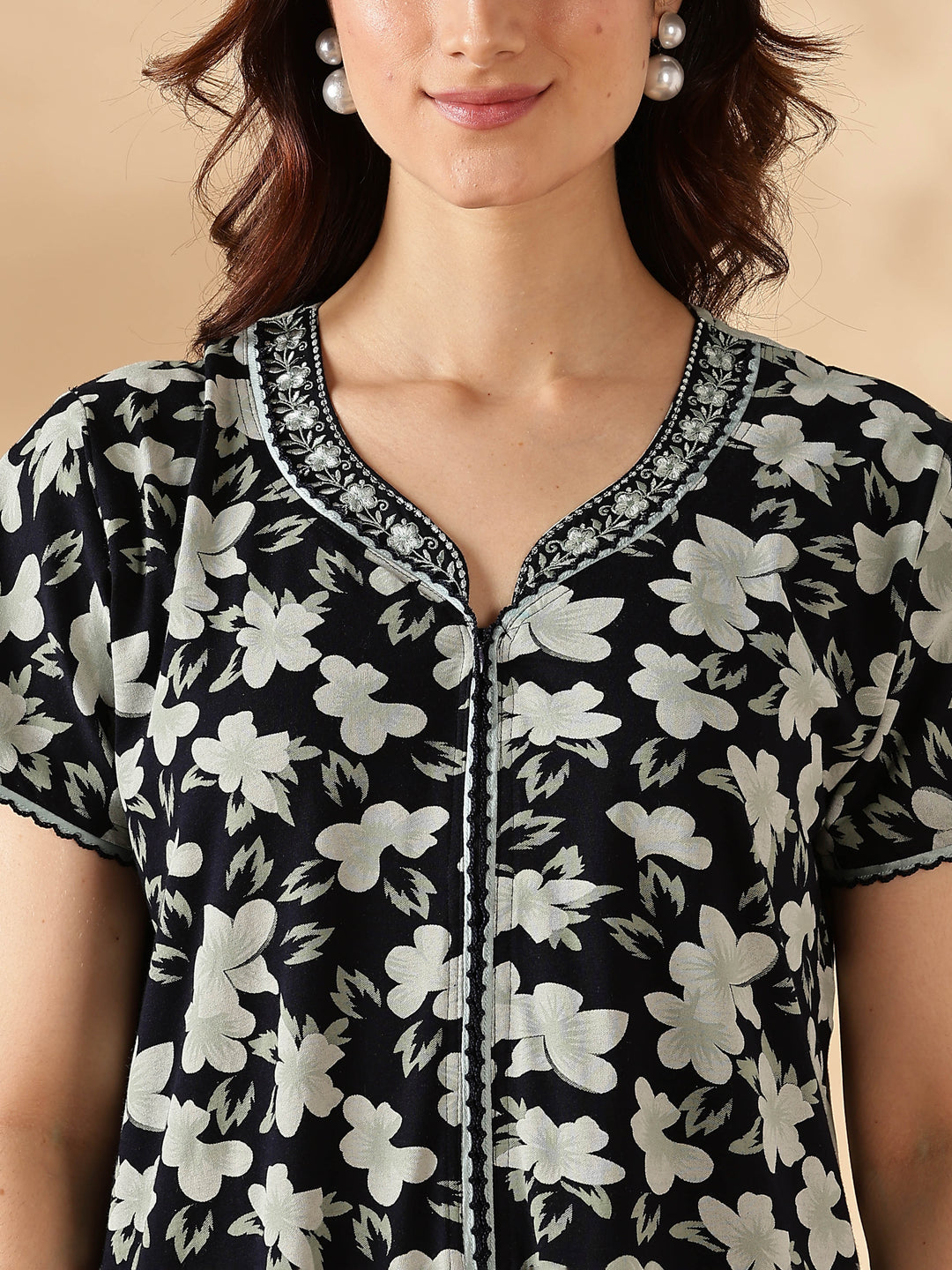 Green Floral Nighty for Women with Zip and Pocket