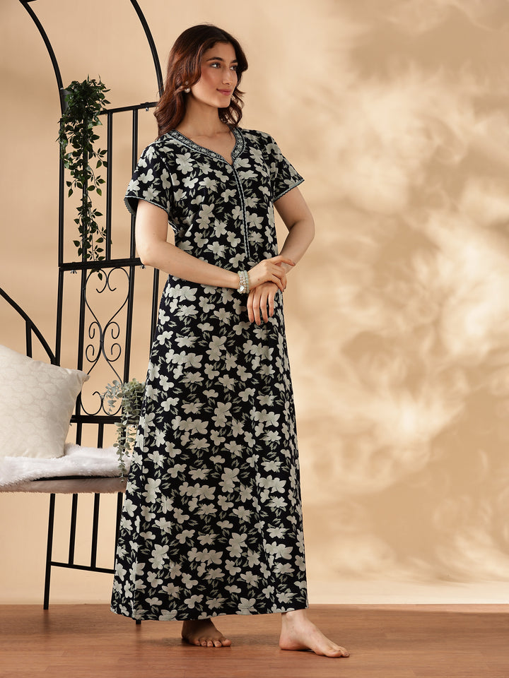 Green Floral Nighty for Women with Zip and Pocket