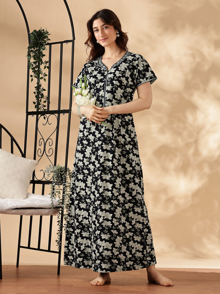 Green Floral Nighty for Women with Zip and Pocket