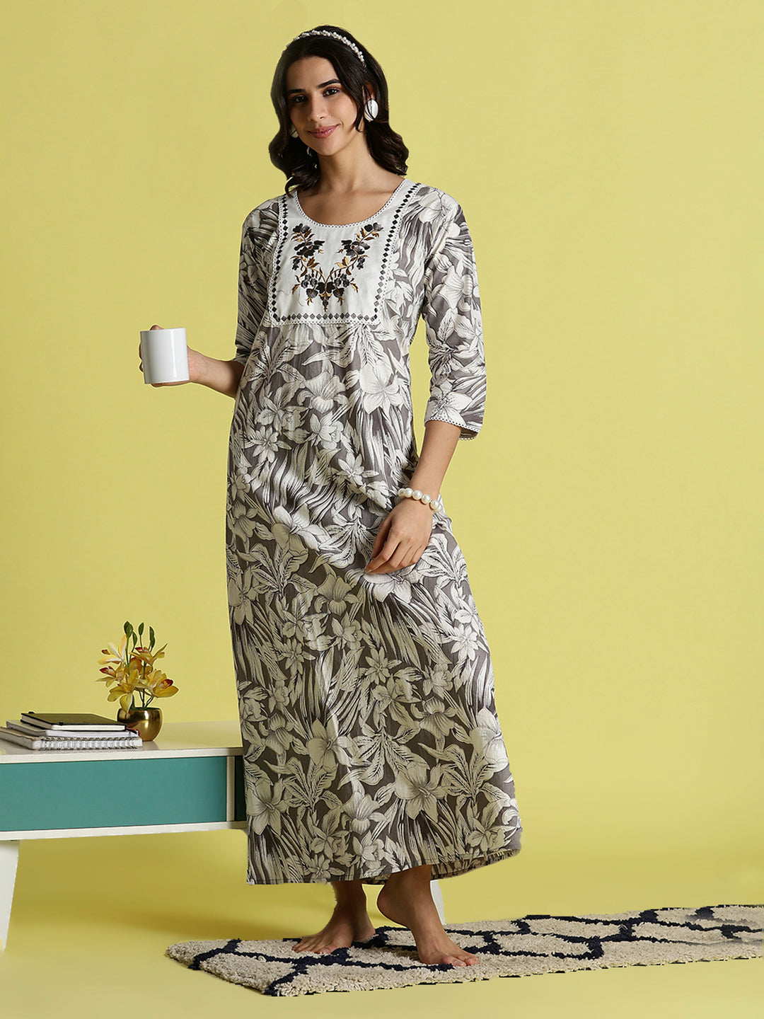 Grey Embroidered Pure Cotton Nighties For Women with Pocket