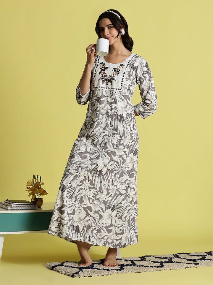 Grey Embroidered Pure Cotton Nighties For Women with Pocket