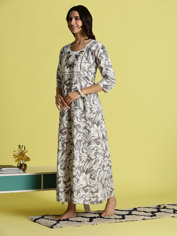 Grey Embroidered Pure Cotton Nighties For Women with Pocket