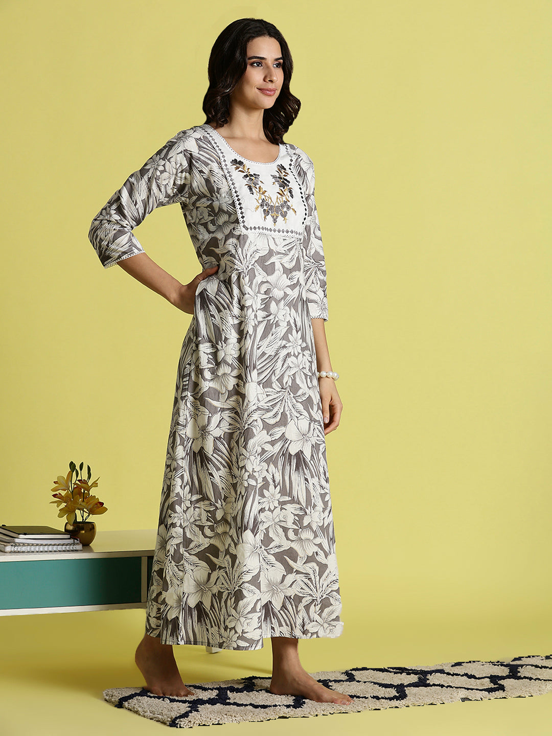 Grey Embroidered Pure Cotton Nighties For Women with Pocket