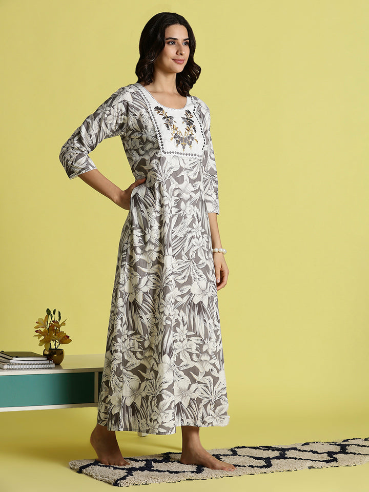 Grey Embroidered Pure Cotton Nighties For Women with Pocket