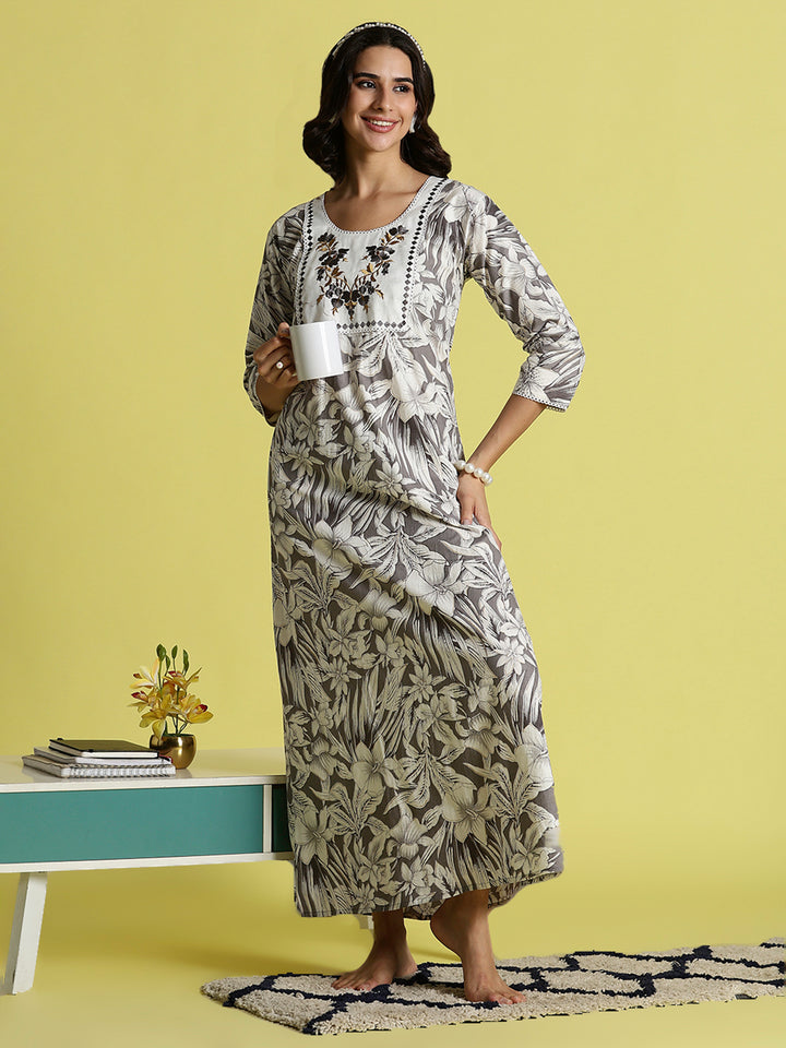 Grey Embroidered Pure Cotton Nighties For Women with Pocket
