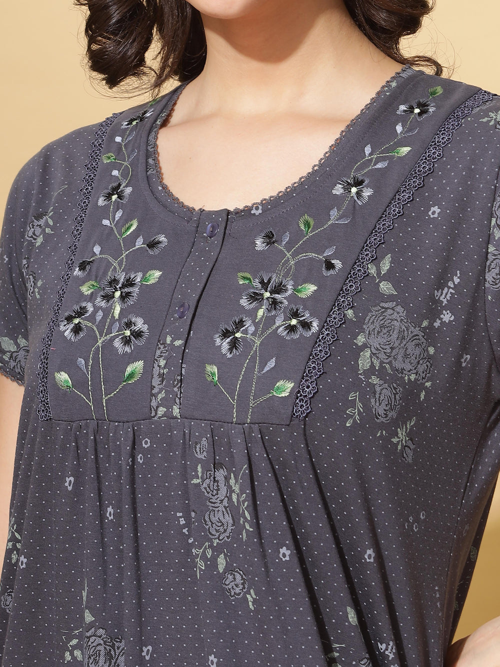 Embroidered Grey Front Open Nighty for Women