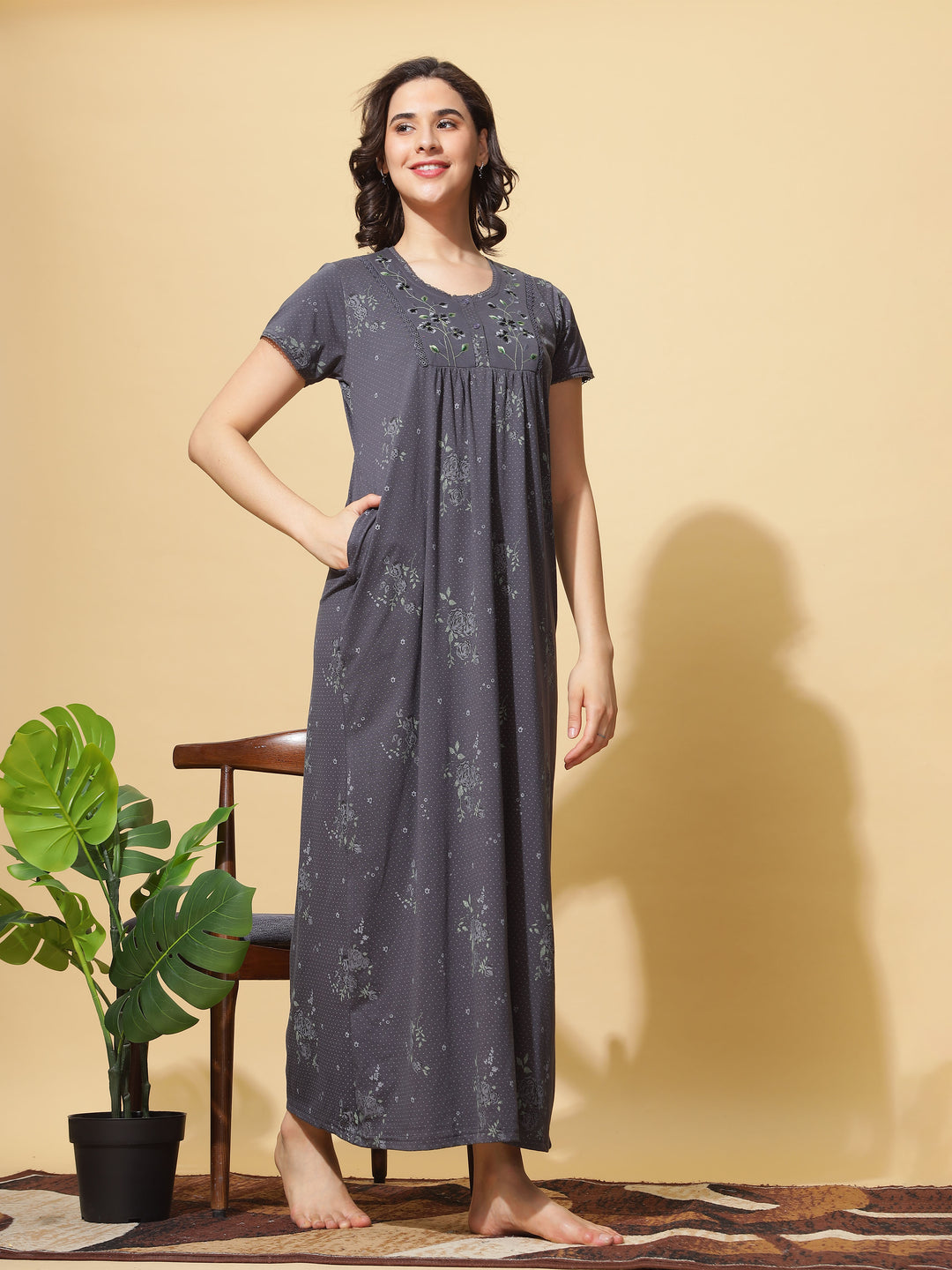 Embroidered Grey Front Open Nighty for Women