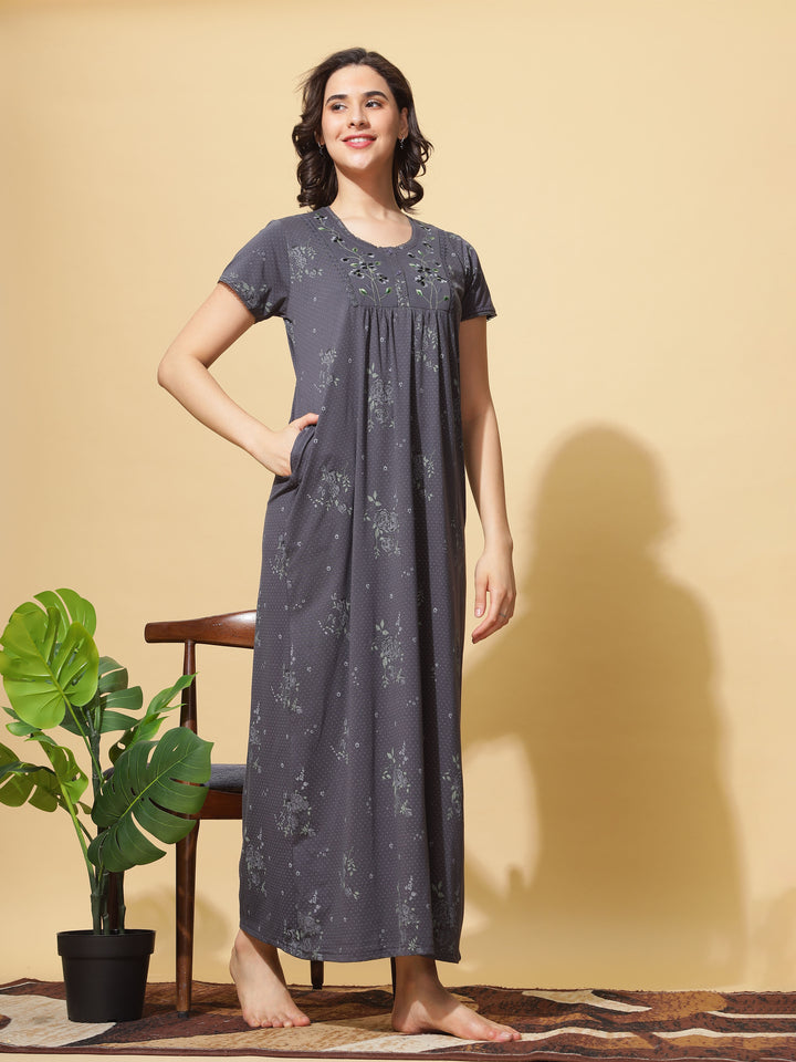 Embroidered Grey Front Open Nighty for Women