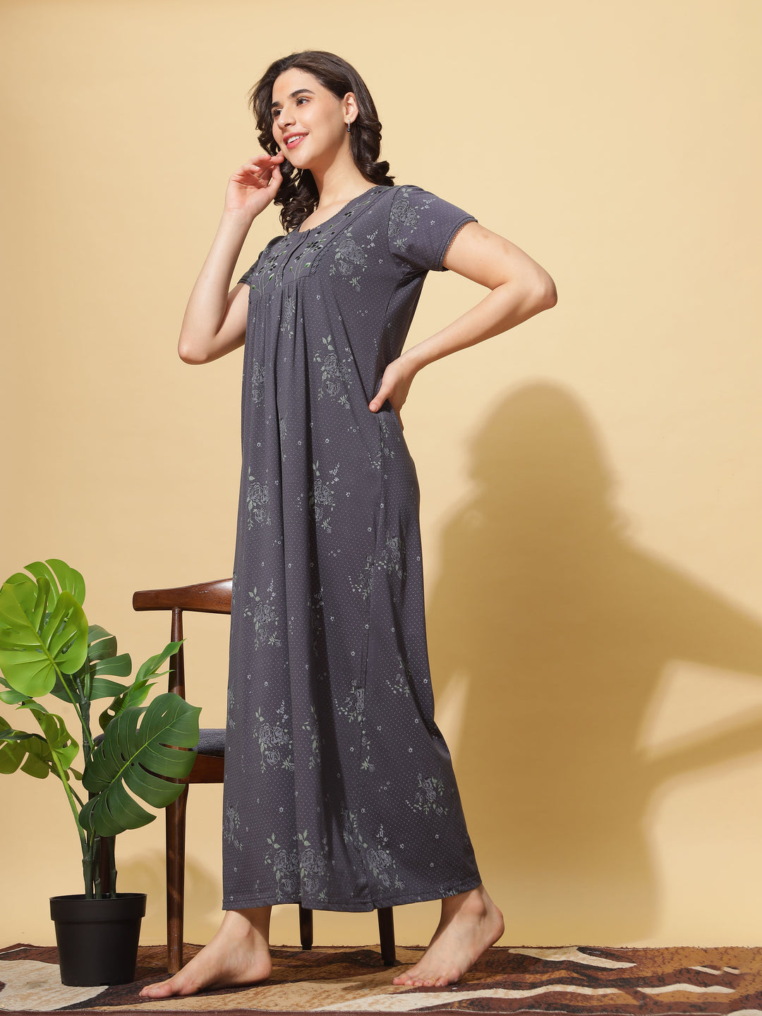 Embroidered Grey Front Open Nighty for Women