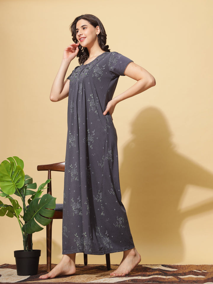 Embroidered Grey Front Open Nighty for Women