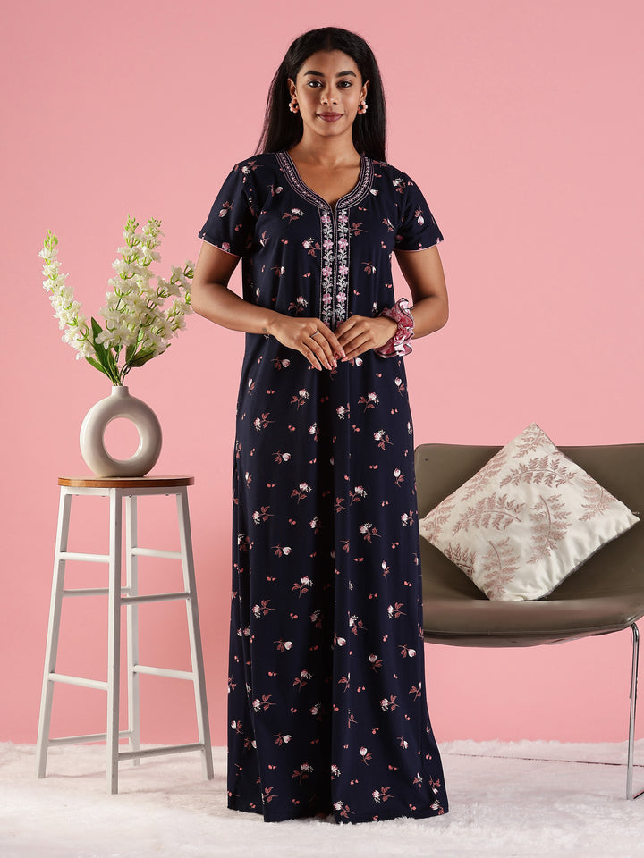 Indigo Navy Hosiery Cotton Nighty For Women with Zip and Pocket