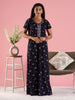 Indigo Navy Hosiery Cotton Floral Designer Nighty for Women with Zip and Pocket