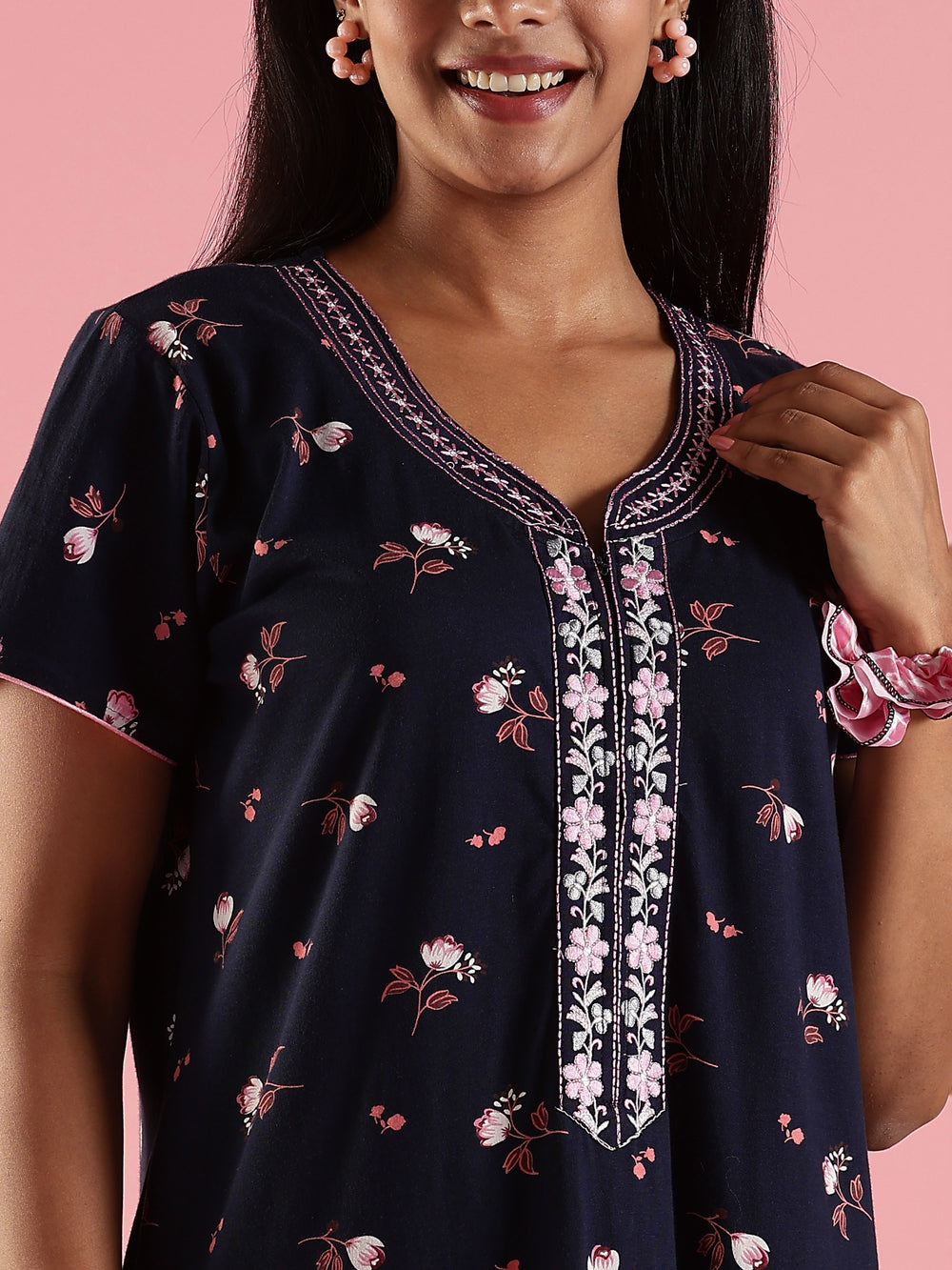 Indigo Navy Hosiery Cotton Nighty For Women with Zip and Pocket