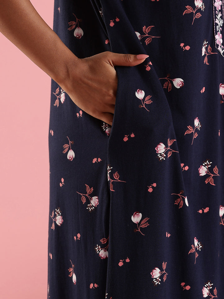 Indigo Navy Hosiery Cotton Nighty For Women with Zip and Pocket