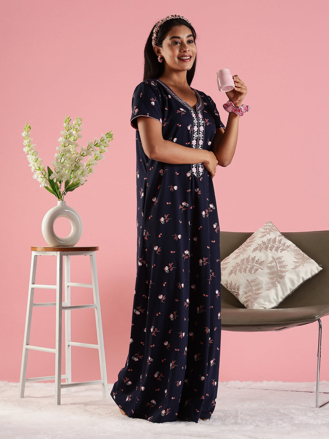 Indigo Navy Hosiery Cotton Nighty For Women with Zip and Pocket