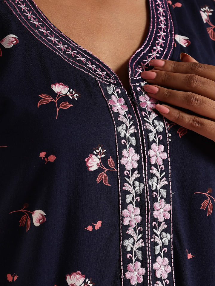 Indigo Navy Hosiery Cotton Nighty For Women with Zip and Pocket