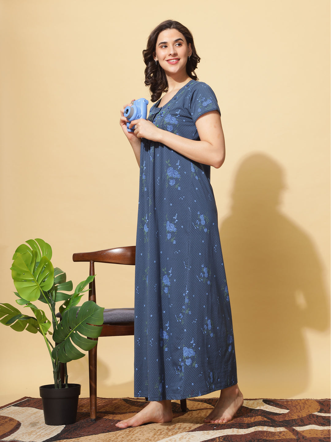Ink Blue Cotton Blend - Branded Front Open Nighty for Women