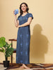 Ink Blue Embroidered Cotton Blend Maxi Nighty for Women